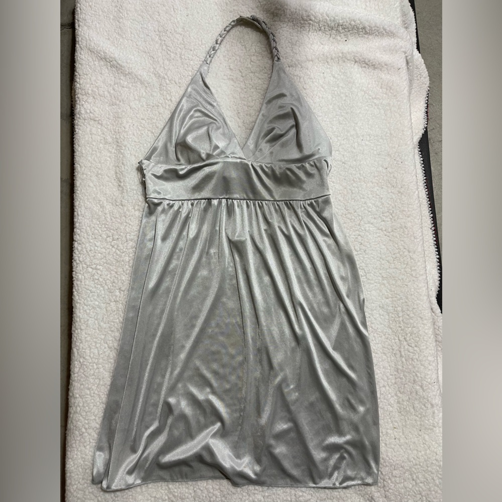 Frederick’s of Hollywood silver halter dress padded bra braided halter